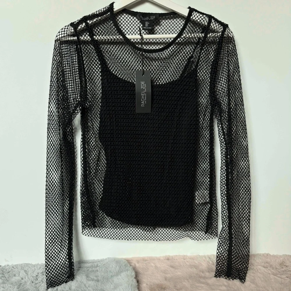 Rachel Zoe black mesh netting rhinestone long sleeves top